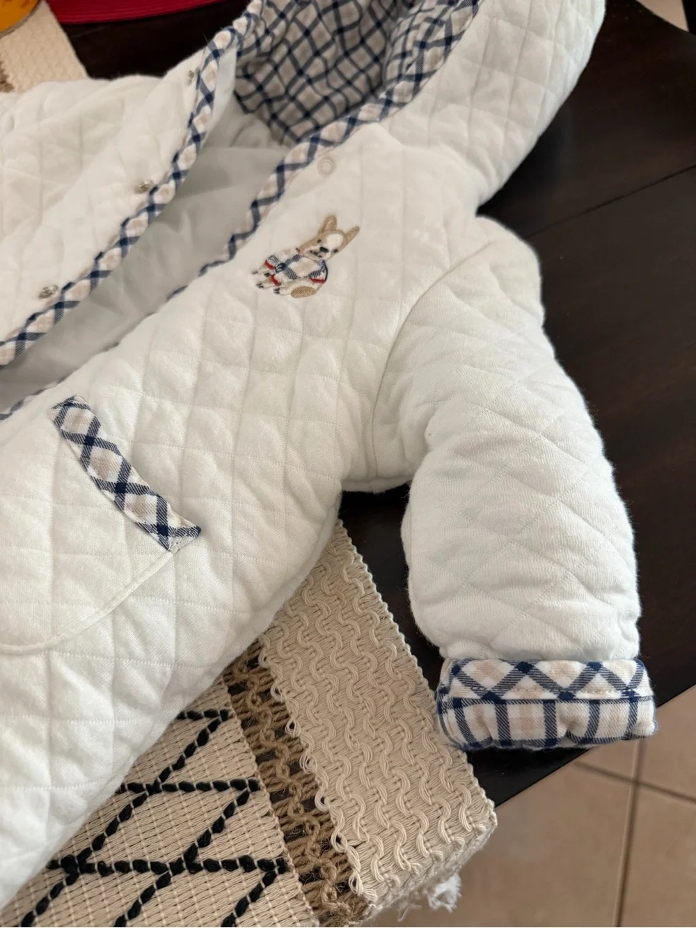 Little Me Cream and Navy Plaid Quilted Baby Footed pram